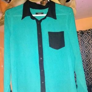 Guess Sheer Turquoise/Black Button Down Long Sleeve Shirt
